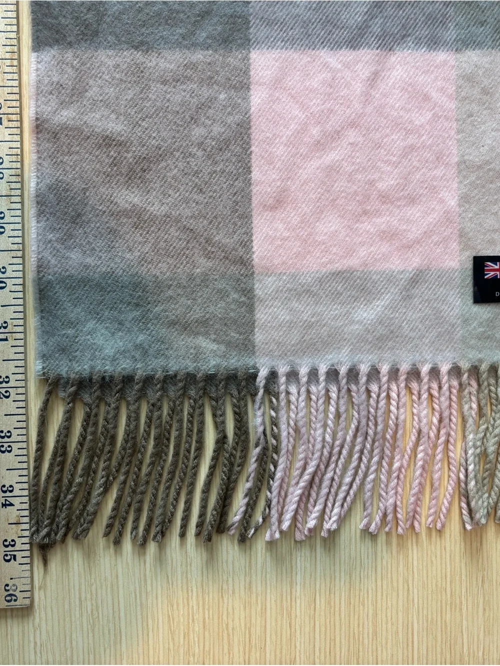 Vintage 100% Cashmere Scarf Made in Scotland Pink Gray Cream Block Plaid Fringed